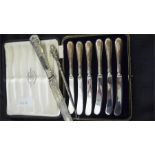 A set of cased silver handled knives along with a silver button hook and a plated knife