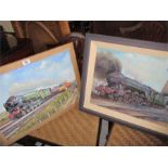 2 oil paintings of steam trains by local artist