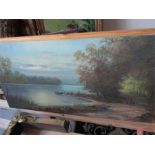 An oil painting of a river and woodland scene, indistinct signature