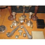 A pair of silver plated pheasants, plated candlesticks and various other silver plated items etc.