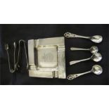 A hallmarked silver ashtray, various silver sugar nips, salt spoons ( including a pair of