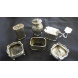 A pair of hallmarked silver salts, Art Deco salt pepper and mustard etc. - no liners