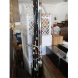 A collection of various fishing rods including Shakespeare, Edgar Sealey, Abu Garcia, etc