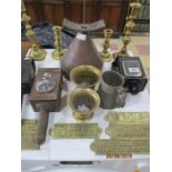 Two pair of brass candlesticks, mortars, carriage lamps ( A/F) etc.