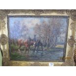 A Victorian oil painting by James Grieve of plough horses watering in a stream ( James Grieve was an