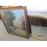 An oil painting of a hunt meeting ( indistinct signature) along with a modern gilt framed overmantle