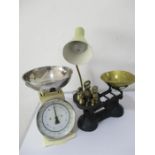 A mid century desk lamp, vintage scales and one other