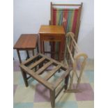 A vintage deckchair, a towel rail, luggage rack and two occasional tables