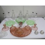 A collection of various glassware including an Art Deco pink dressing table set, Bohemian glass,