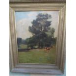 A Pastoral oil painting on canvas, cows next to a stream in a meadow, indistinct signature ( W.