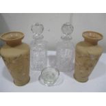 A "penny lick" style glass, pair of decanters and a pair of vases with gilt bird decoration