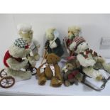 A collection of various teddy bears, Invalid bear, Chef, Tobogganing etc
