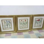 Three large gilt framed botanical studies- Irises and Tulips, 85cm x 95 cm