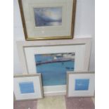 An oil painting "Boats and Houses St. Mawes" ( indistinct signature) along with two Mike Hindle Ltd.