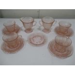 An Art Deco pink glass part tea set