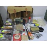 A quantity of fly fishing equipment etc including fishing bag, lures, hooks, weights, extra reel etc