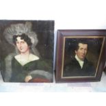 A pair of Victorian portraits- oil on canvas- indistinct signature to reverse of female portrait