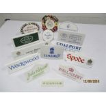 A collection of china "point of sale" name plates including Royal Crown Derby, Beswick, Royal