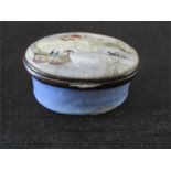 A 19th century hand painted enamelled patch pot decorated with a harbour scene, mirror to lid A/F
