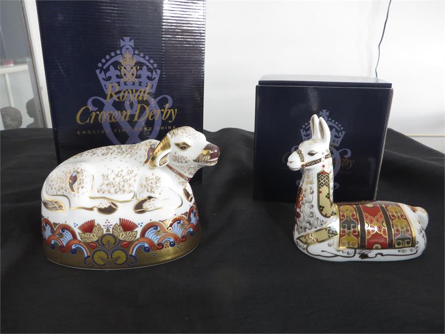 Royal Crown Derby paperweights with gold stoppers- Water Buffalo and a collectors guild Llama