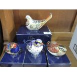 Royal Crown Derby paperweights with gold stoppers- Turtle Dove and three partridges including red