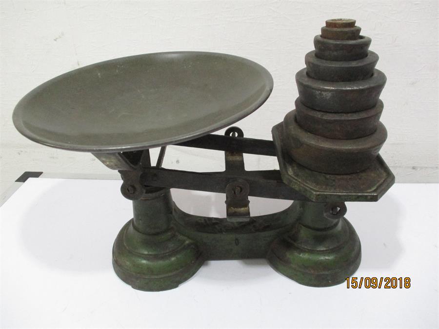 A set of vintage scales along with a hand painted "Bargeware" style shoe last - Image 2 of 5