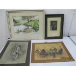 A watercolour of the River Coly signed JMD, unframed drawing of a child, print of a card game and