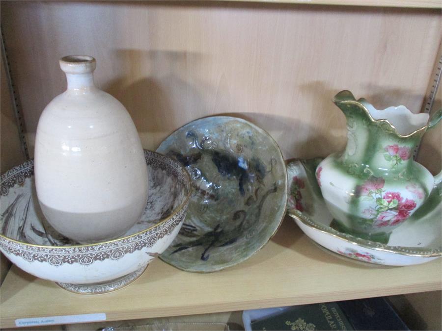 A large Victorian bowl ( A/F) pottery dish, vase and jug and bowl ( chip to bowl)