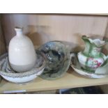 A large Victorian bowl ( A/F) pottery dish, vase and jug and bowl ( chip to bowl)