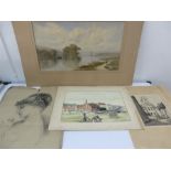 A watercolour of a river signed E G Hall and a watercolour of a town scene signed Boyton, along with