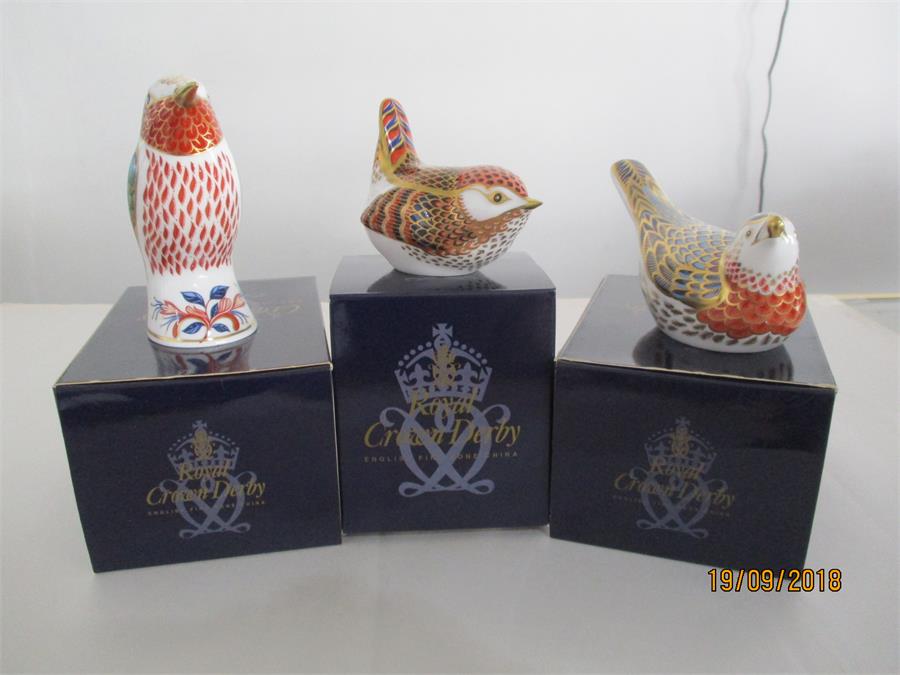 Royal Crown Derby Paperweights with gold stoppers - Nuthatch ( A/F), Derby Wren and Humming Bird