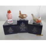 Royal Crown Derby Paperweights with gold stoppers - Nuthatch ( A/F), Derby Wren and Humming Bird
