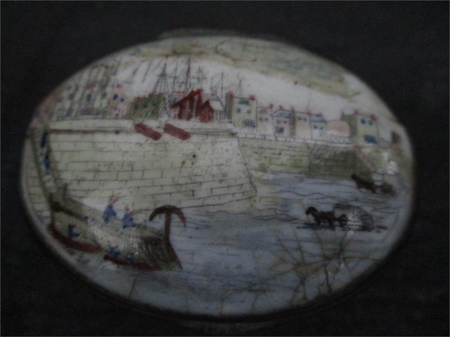 A 19th century hand painted enamelled patch pot decorated with a harbour scene, mirror to lid A/F - Image 2 of 7