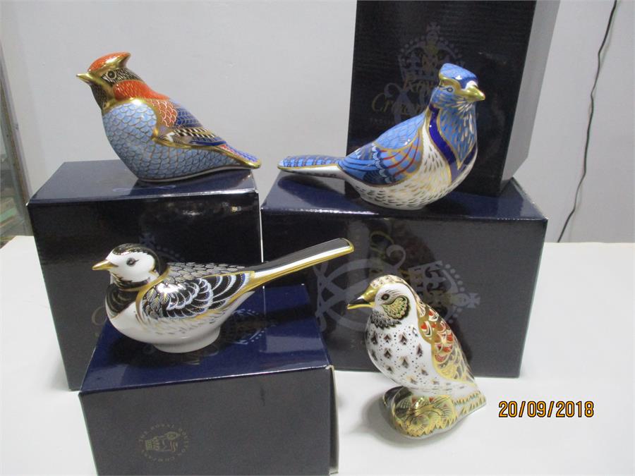 Royal Crown Derby Paperweights with gold stoppers - Pied Wagtail, Blue Jay, Song Thrush and Bluebird