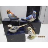 Royal Crown Derby Paperweights with gold stoppers - Pied Wagtail, Blue Jay, Song Thrush and Bluebird