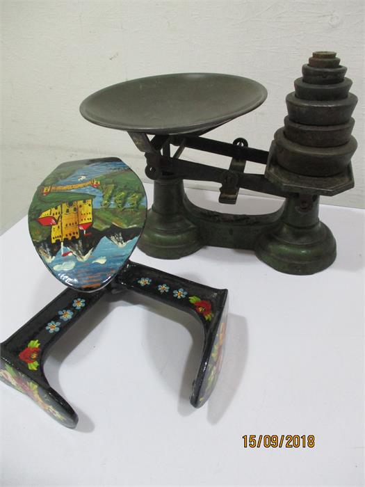 A set of vintage scales along with a hand painted "Bargeware" style shoe last