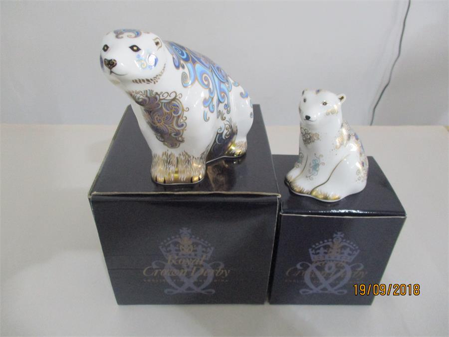 Royal Crown Derby Paperweights with gold stopper - Signed Polar Bear Cub Sitting and Polar Bear