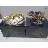 Royal Crown Derby Paperweights with gold stoppers - Crocodile and Chameleon
