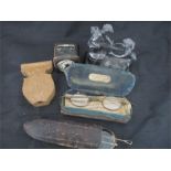 Two pair of antique spectacles, travelling clock, pocket watch wooden case and a silver plated