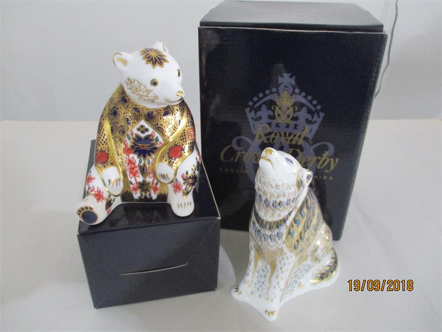 Royal Crown Derby Paperweights with gold stoppers - Wolf and Imari Bear