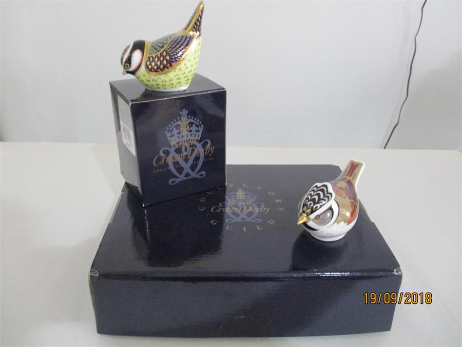 Royal Crown Derby Paperweights with gold stoppers - Collectors Guild Crested Tit and Blue Tit