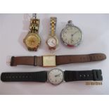 Four vintage watches including Accurist and Timex along with an Ingersoll pocket watch