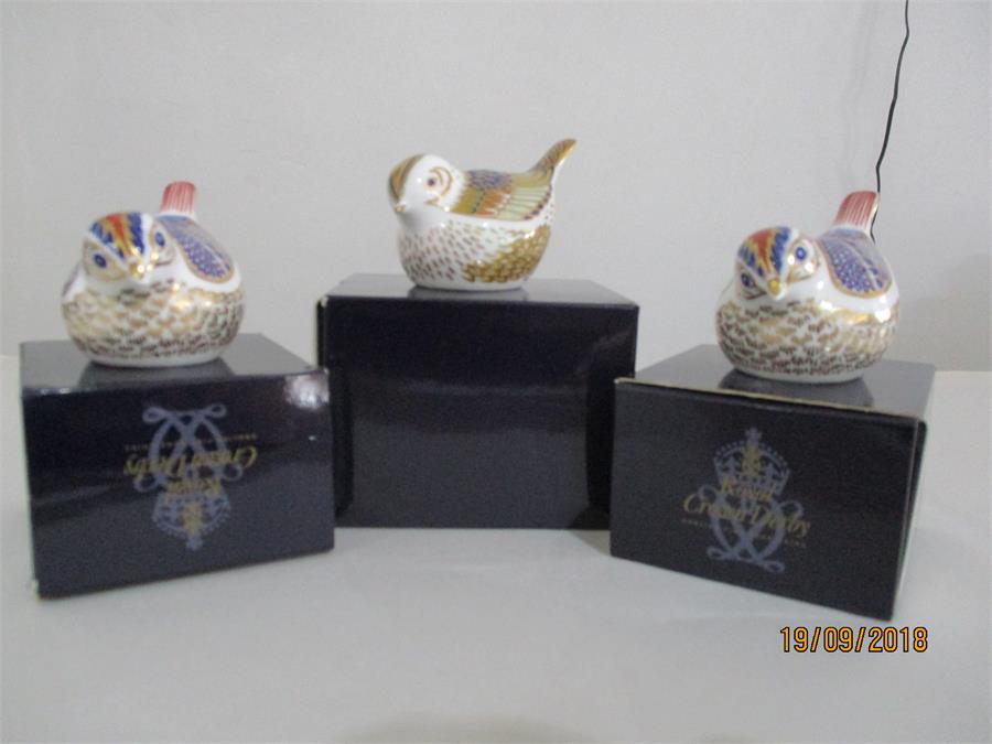 Royal Crown Derby Paperweights with gold stoppers - Firecrest and two Goldcrests