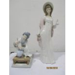 Two Lladro figures, a kneeling Geisha girl and a young girl standing- both have 1 finger broken