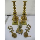 Two pairs of brass candlesticks along with various other brass items including Chinese spoons