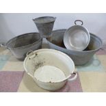 .Two galvanised tin baths, bucket, enamelled ware etc.