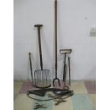 Rustic tools, brass stirrup pump, yoke etc.