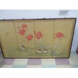 Two folding Chinese screens hand painted with birds in naturalistic scenes