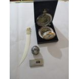 A Dalvey Voyager Clock in case, letter opener, cigar cutter and an SCM egg shaped pot