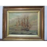 A good Victorian oil on canvas of a sea battle, the lead ship flying the "Stars and Stripes" flag,